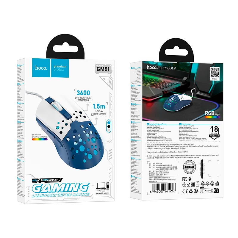 Mouse Gamer Hoco GM51 Azul/Blanco